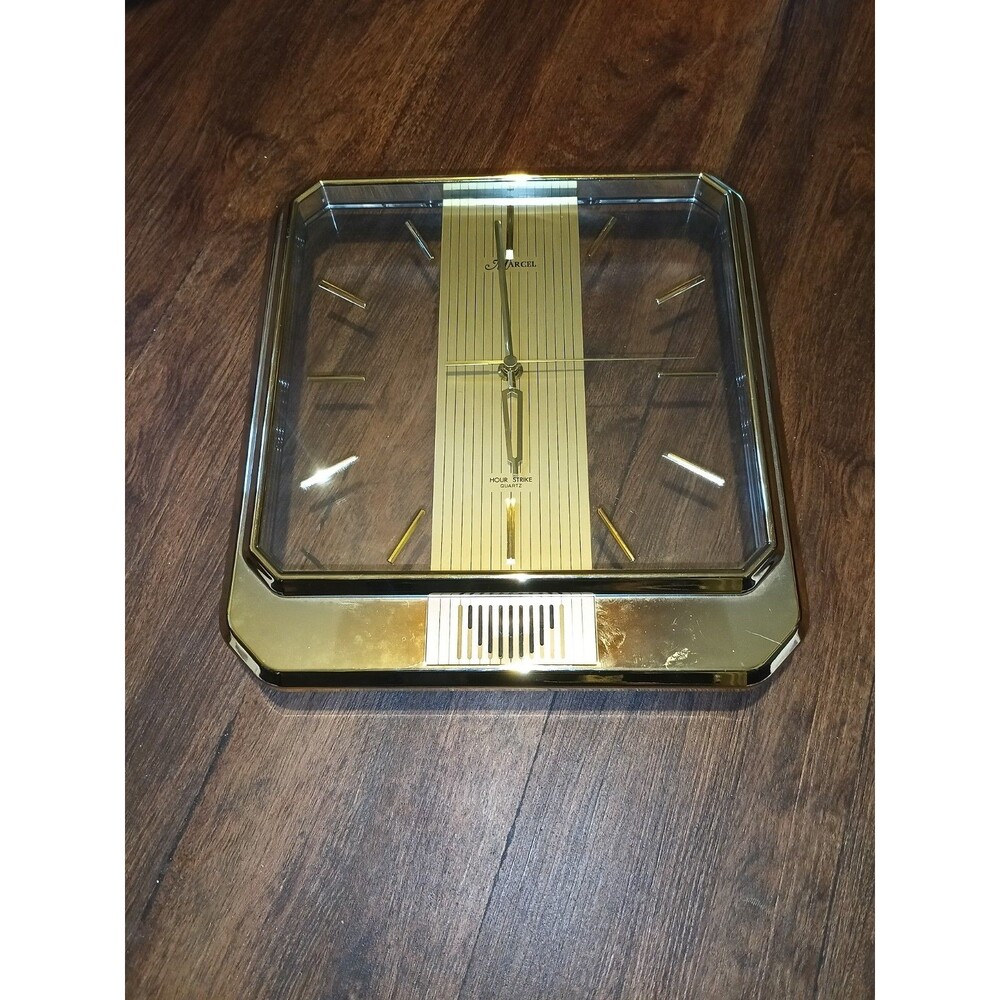 Vtg Marcel Hour Strike Quartz Clock Gold Clear Plastic Wall 1980s MCM Tested